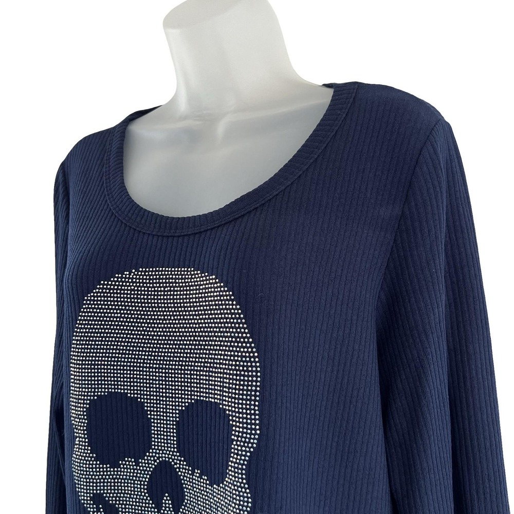 Vocal Top Womens XL Navy Blue Skull Rhinestone Long Sleeve Ribbed USA Gothic Y2K - Picture 3 of 16